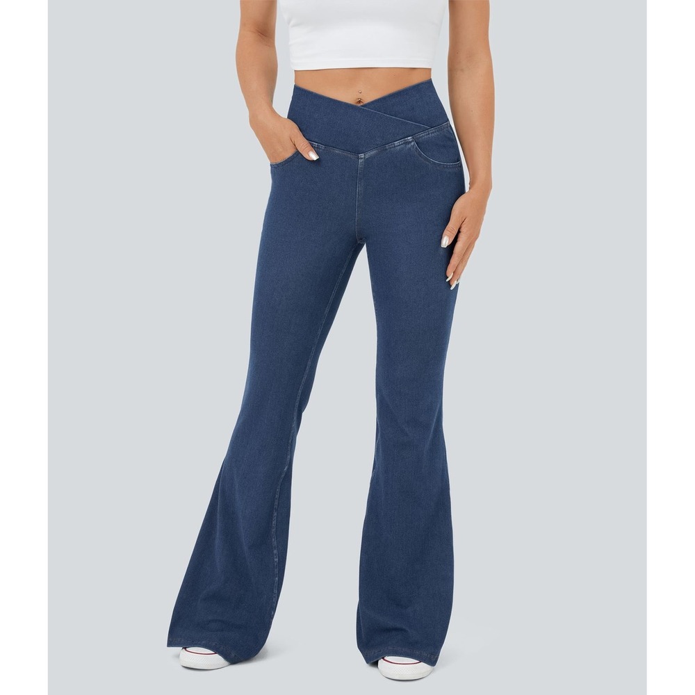 Halara Flex High Waisted Crossover Flare Jeans Dark Blue Small